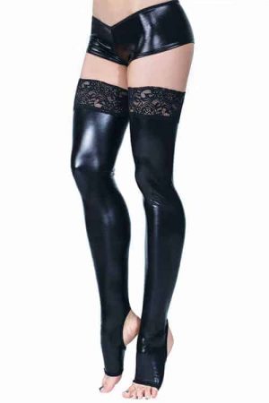 Coquette Wet Look Toe Less Thigh Highs with Lace Top front
